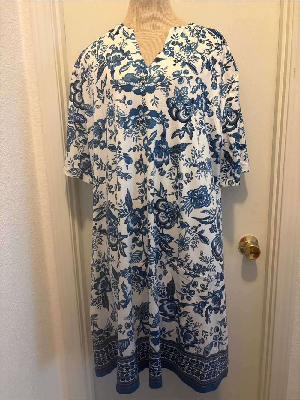 Blue Floral Midi Dress with V-Neck